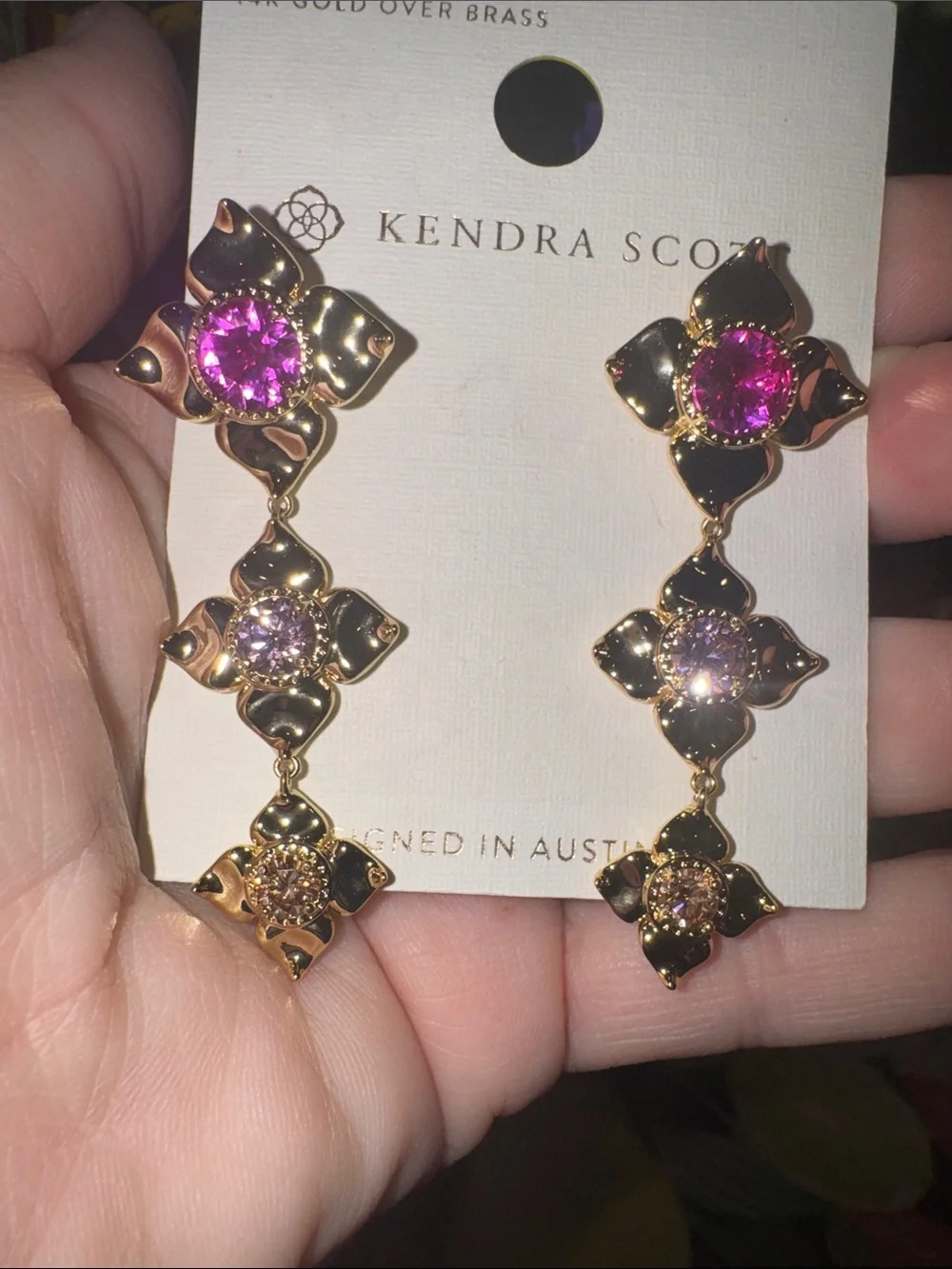 Kendra Scott Gold-tone Drop Earrings with Fuchsia and Light Pink Stones - Picture 3 of 3